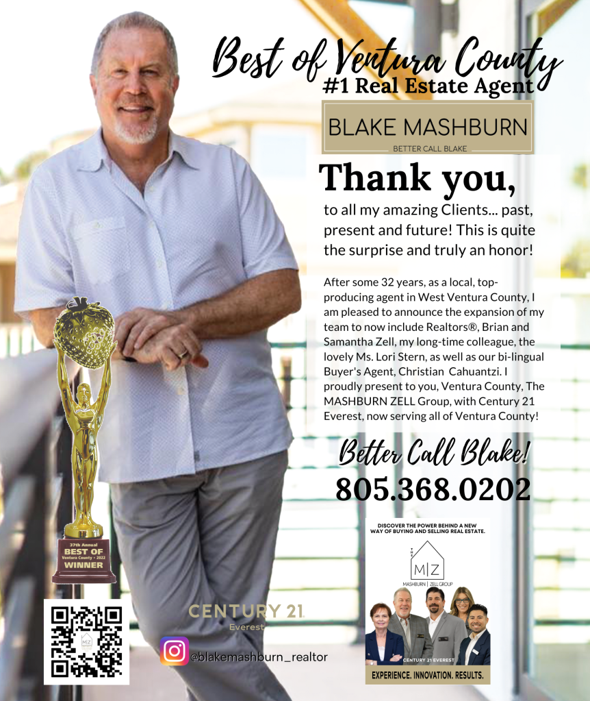 Blake Mashburn of The Mashburn Zell Group of Century 21 Everest voted #1 Real Estate agent for VC Report Best of Ventura County. 