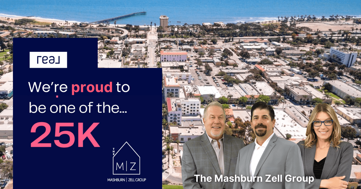 Aerial view of downtown Ventura with The Mashburn Zell Group in the foreground and a banner that reads, "We're proud to be one of the 25K," referencing their move to Real Broker.