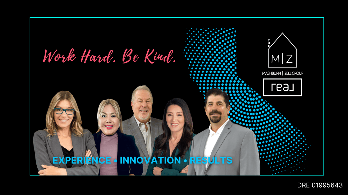Mashburn Zell Group real estate team portrait with California graphic and slogan “Work Hard. Be Kind.” showcasing Ventura County real estate professionals